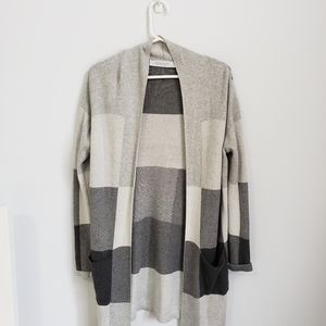 Long gray open front cardigan
